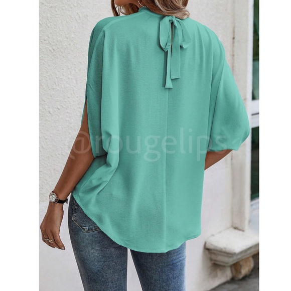 Mint Green Blouse Top Flowy, High Neck - Picture 5 of 11
